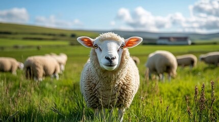 Obraz premium A curious sheep stares directly at the camera. Background shows other sheep grazing in a field of grass. The sky is blue and bright.