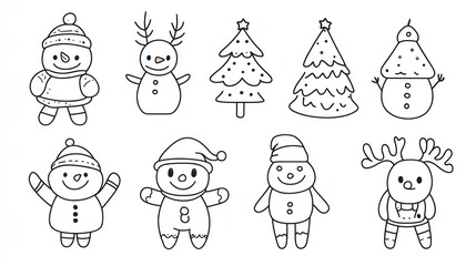 Cute Christmas illustrations of snowmen, reindeer, and trees. Possible use Children's book illustrations or online greeting cards