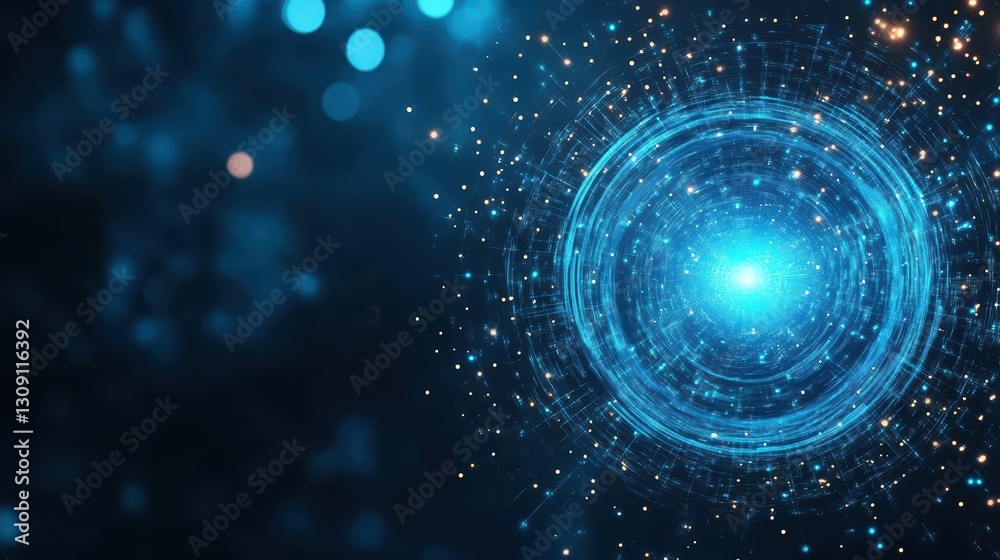 Poster abstract composition featuring circular shapes in blue and black background with smaller circles cre