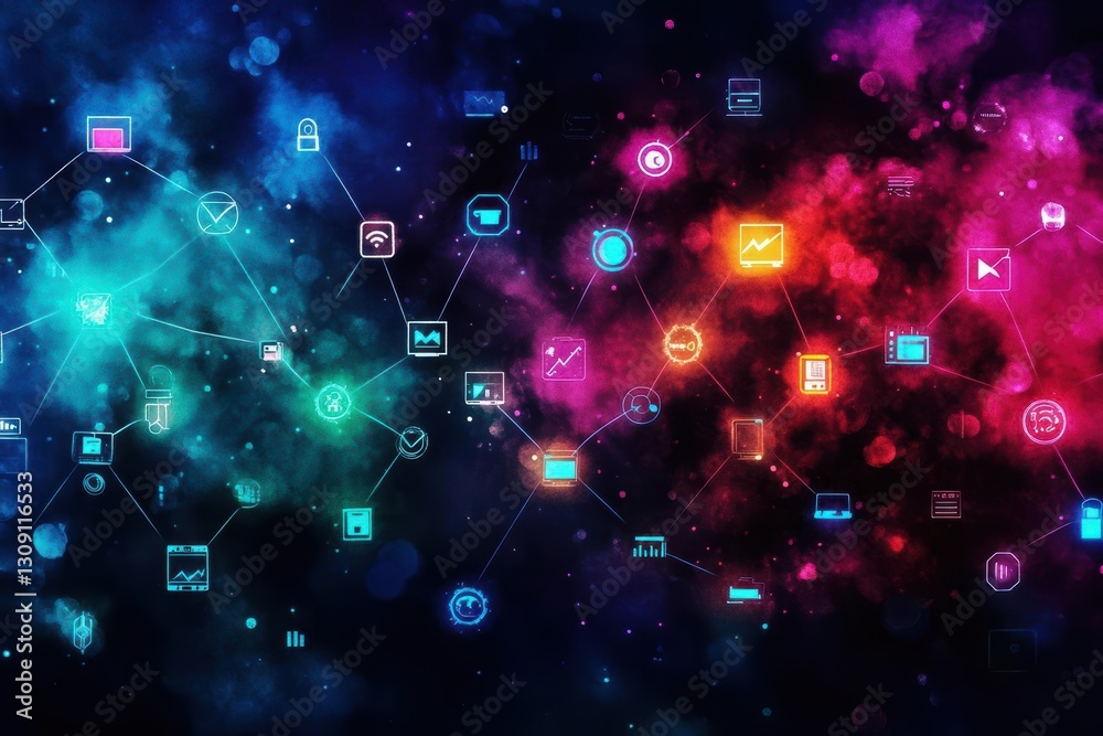 Poster vibrant colorful background featuring various icons and symbols creating a dynamic visual experience