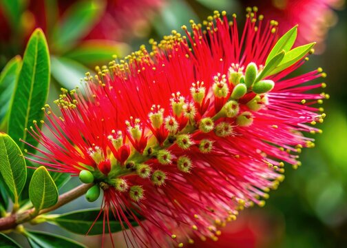 Intricate detail of a red bottlebrush flower; woolly textures and vibrant greens dominate this macro shot.