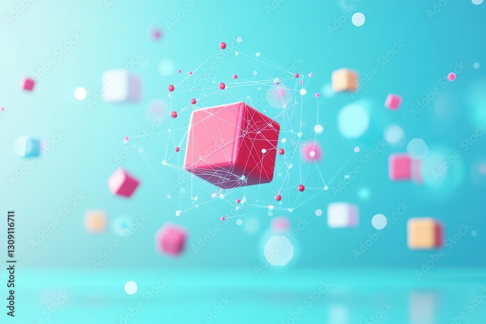 Poster intricate cube structure surrounded by a complex network of dots representing connectivity and moder
