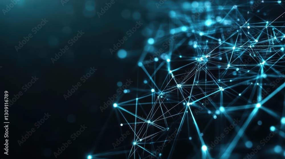 Poster deep blue background featuring intricate network pattern symbolizing connectivity and technology in 