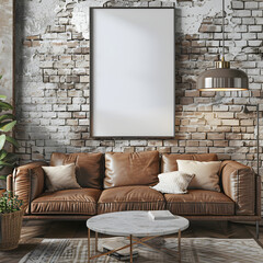 A loft living room featuring a leather couch with pillows, a large blank framed artwork on the wall.
