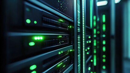  A close-up shot of the server rack in an advertising agency's data center, with glowing green lights indicating activity and ambient lighting creating depth. 