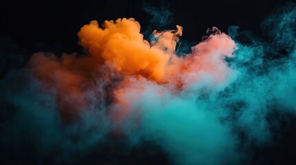 Fototapeta premium 3D smoke cloud with color, dark background, orange and teal colors.