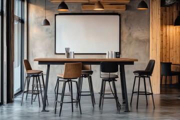 Modern industrial bar with empty table and stools.  Empty whiteboard, warm lighting, and large windows.