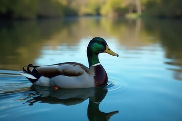 Serene Mallard Duck Tranquilly Floating on Calm Water, Reflecting the Peaceful Serenity of Nature