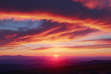 Crimson Sunset Over Mountains: A vibrant, painterly display of nature's beauty, with the setting sun ablaze across a majestic mountain range, clouds catching the fiery hues of sunset.