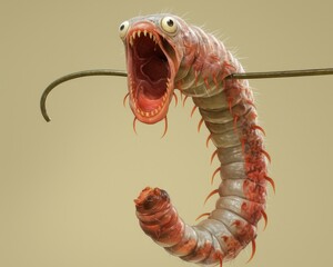 Fototapeta premium A realistic worm with large eyes is hooked on a fishing hook against a light background.