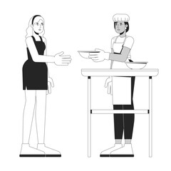 Female volunteer serving food at charity event 2D line characters. Community service, soup kitchen. Feeding, helping others isolated vector ink outline people. Monochromatic spot illustration