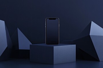 Elegant Dark Blue Smartphone Mockup with Geometric Shapes Minimalist Product Presentation