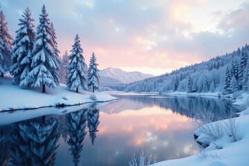 Fototapeta premium Snow-covered trees reflect frozen lake with sky, landscape, frozen, lake