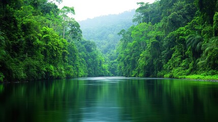 Fototapeta premium Lush Green Jungle Surrounding a Tranquil River Flowing Gently Through Dense Foliage Under a Bright Sky Evoking Peaceful Connection with Nature