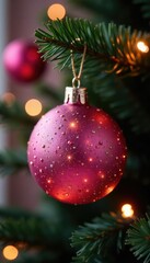 Fototapeta premium Sparkling glass bauble on a Christmas tree branch, tree, pink, festive