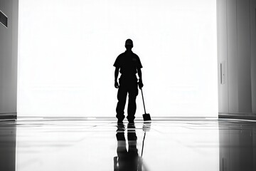 Professional photo of a janitors silhouette against a bright white-lit background, emphasizing professionalism, anonymity, and corporate branding space.