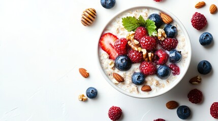 A bowl of overnight oats topped with fresh berries, nuts, and a drizzle of honey on a clean white background.