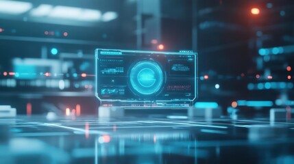 Obraz premium Futuristic Computer Screen Illuminated by Glowing Blue Light in a Modern Workspace Creating an Innovative and High-Tech Atmosphere for Productivity