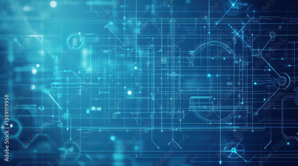 Poster vibrant blue background featuring intricate circuit design and complex circuit lines representing ad