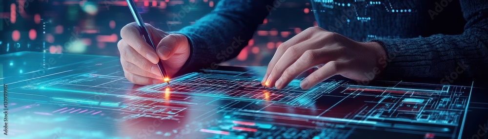Poster individual engaged in interactive digital interface on modern computer displaying high technology an
