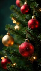 Obraz premium Sparkling red and gold ornaments suspended from the branches of a towering Christmas tree, color, gold, tree
