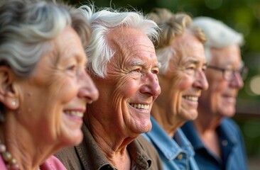 Smiling senior friends outdoors, happy elderly group, enjoying retirement, friendship, active aging, golden years, positivity, wellness, social connection.