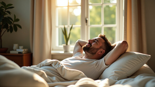 man relaxes cozy bedroom arms natural light streaming window sunny afternoon