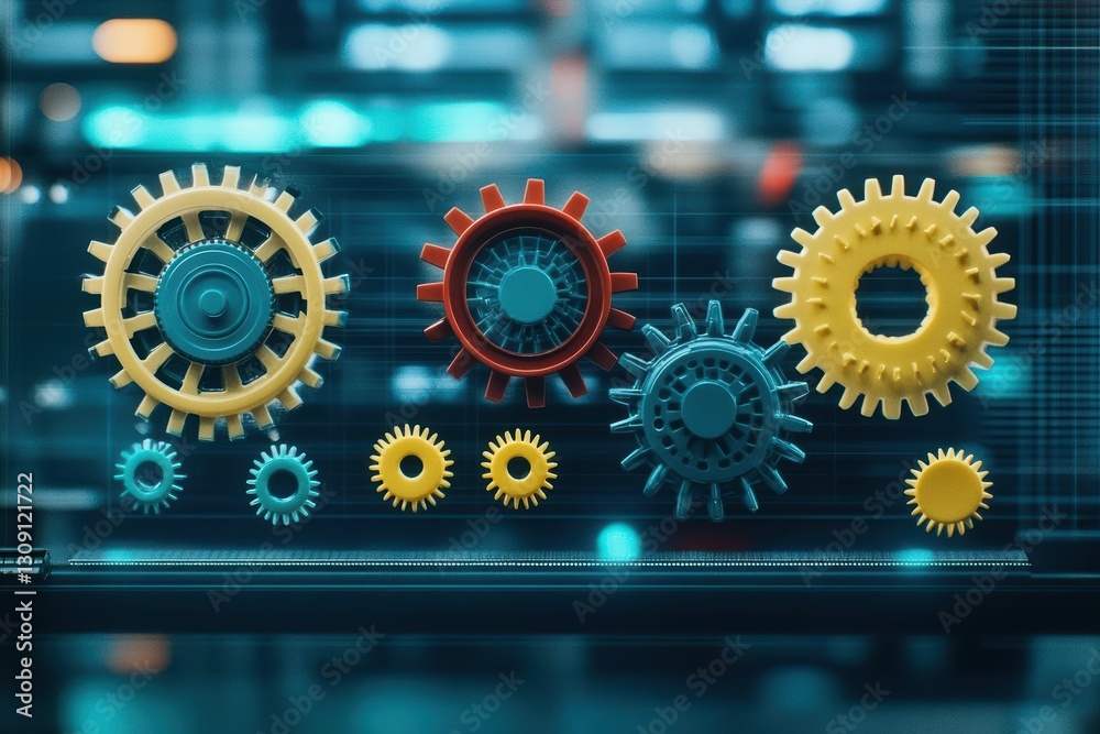 Poster intricate close-up of interlocking gears on a computer screen illustrating mechanisms of technology 