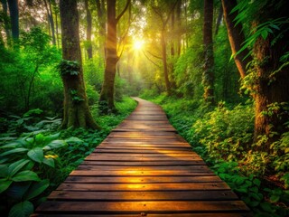Fototapeta premium Mystical wooden path winds through an enchanting forest, lush greenery framing a fantasy scene.
