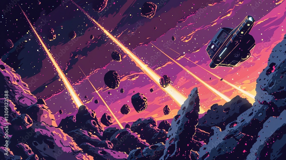 Wall mural a spaceship flies through a field of asteroids in a colorful, pixelated space scene.