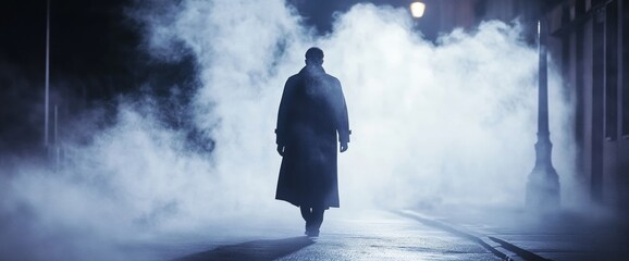 A detective in a long trench coat walks alone along a fog-filled street at night. The dim light casts shadows, enhancing the atmosphere of mystery and suspense in the city