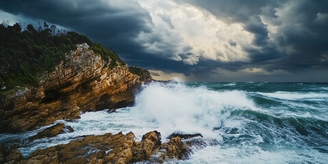 Obraz premiumDramatic Stormy Ocean with Powerful Crashing Waves