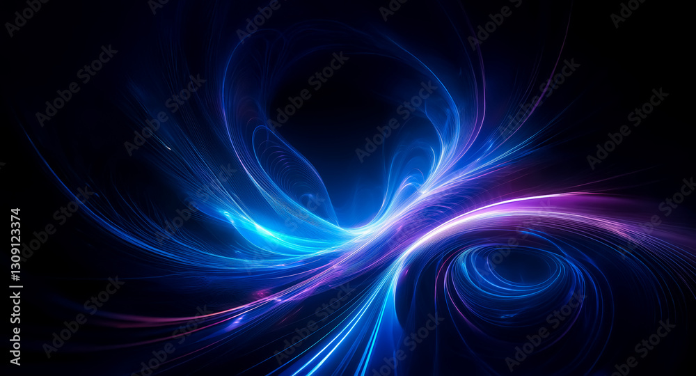 Poster abstract background featuring dynamic swirling lines of vibrant blue and purple hues against a dark 