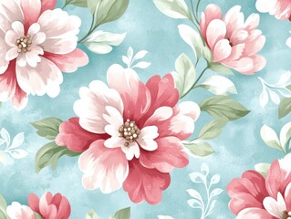 Pastel Pink and Red Floral Seamless Pattern on Teal Background.