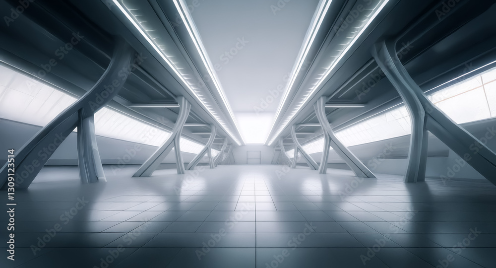 Fototapete abstract background featuring a bright, futuristic hallway with white pillars and illuminated ceilin