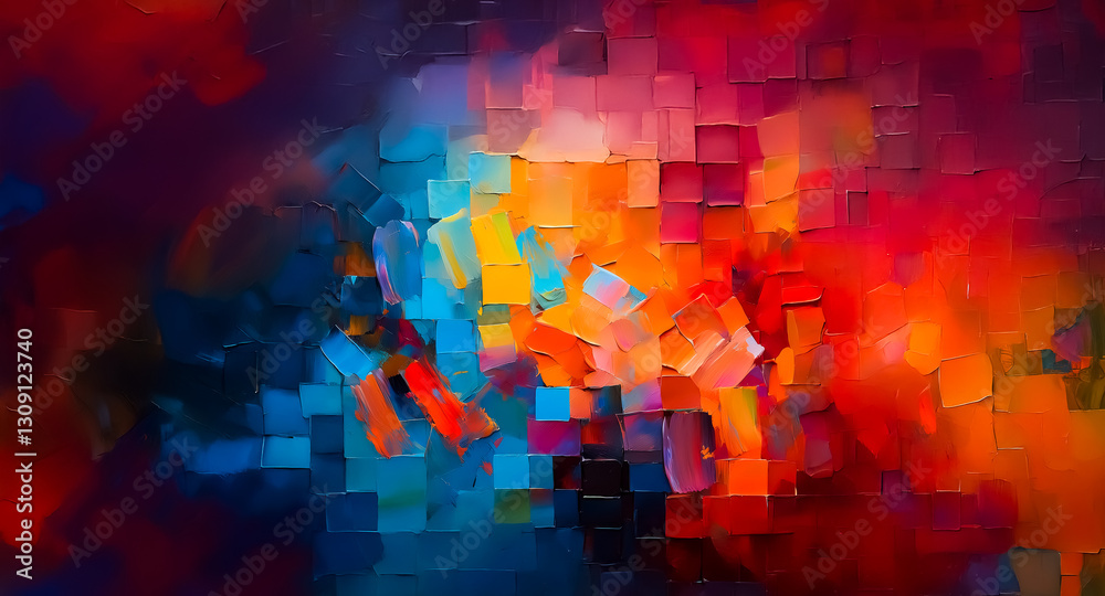 Fototapete Vibrant brushstrokes create an abstract background with a mosaic of colors. Dynamic and textured, this artwork features a rich palette of reds, blues, yellows, and oranges.