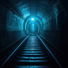 Dimly lit railway tunnel with blue lighting, showcasing tracks leading into the distance, evoking mystery
