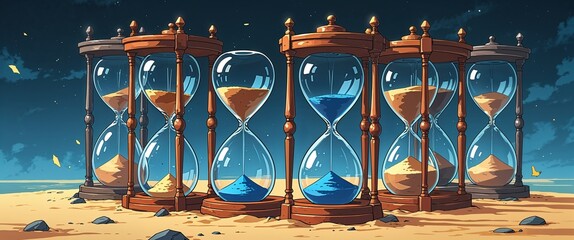 Fototapeta premium anime Chamber of hourglasses where time slows with every grain of sand retro cartoon illustration