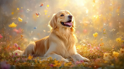 happy dog surrounded by colorful flowers and butterflies in sunny field