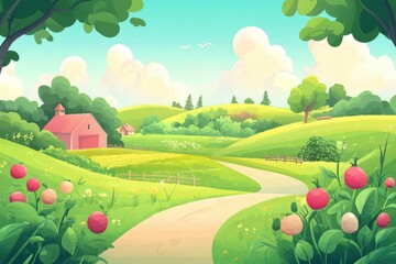 Naklejka premium Serene Pastoral Landscape with Lush Green Hills and Blooming Flowers