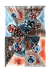 The illustration is an abstract composition created using fine lines, intersections and geometric patterns.