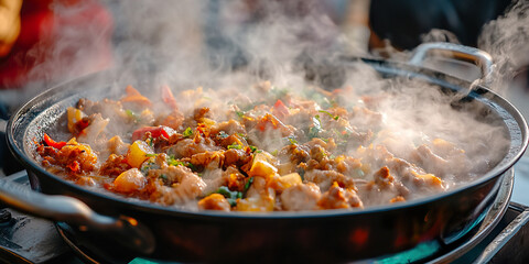 
Warm Bowl of Traditional Comfort Food with Steam Rising