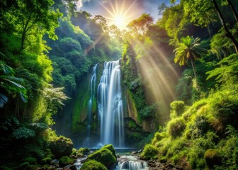 Fototapeta premium Powerful jungle waterfall image; vibrant nature photography, stock photo.