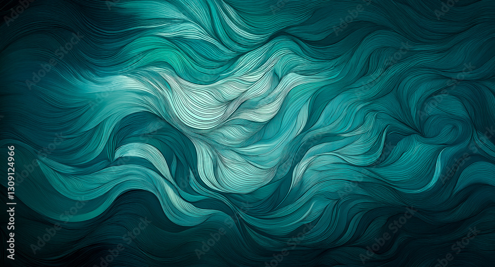 Poster Abstract background with flowing teal and turquoise waves creating a dynamic and swirling motion. The smooth texture evokes a sense of depth and artistic fluidity.