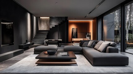 Dark living room with gray sofa, steps, and backyard view for interior design use