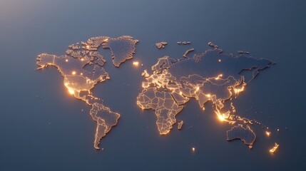 Illuminated 3D world map showing glowing city lights and country borders.