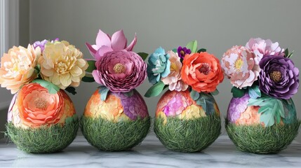 Obraz premium Colorful Paper Flower Arrangements in Green Bases