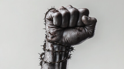 A clenched fist wrapped in barbed wire symbolizing struggle resistance and pain with a monochrome artistic composition on a plain background

