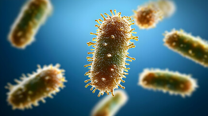 Fototapeta premium Detailed Microscopic View of Bacteria Cells Isolated Against Blurred Blue Background