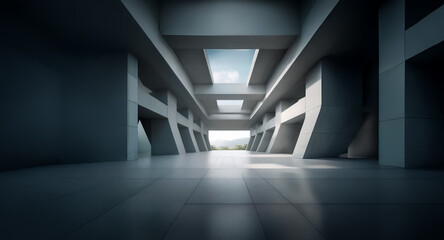 Abstract background of a modern architectural space with strong lines and beams. Light fills the open area, creating a sense of vastness.